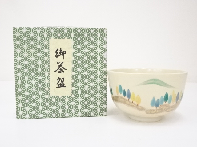 京焼　瑞雲造　色絵木立茶碗